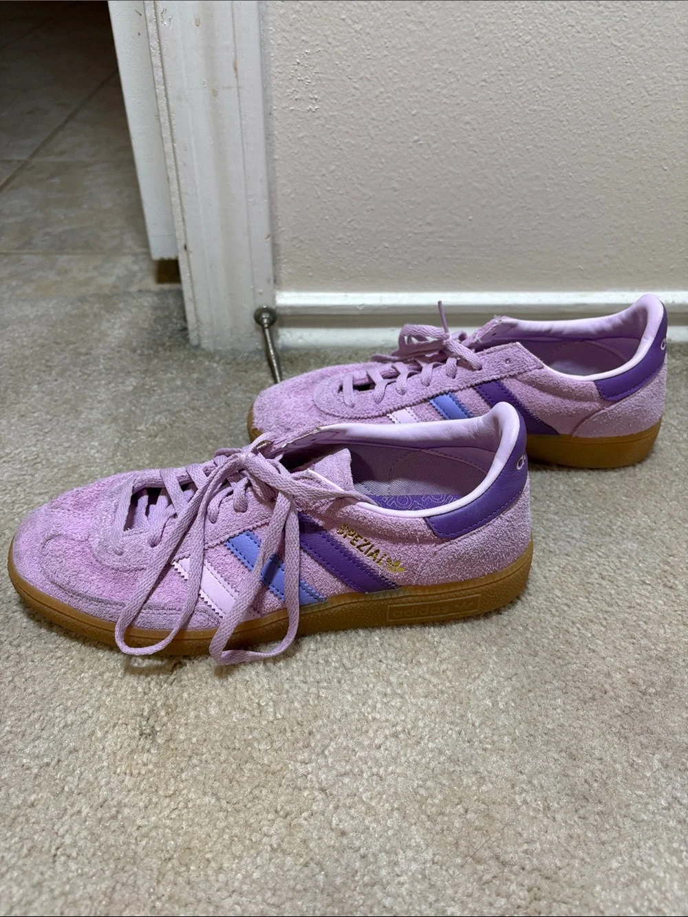 adidas Lavender Suede Sneakers with Purple and Light Blue Stripes - Picture 3 of 7